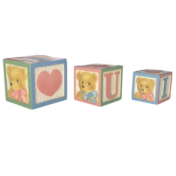 Three 1996 Enesco Cherished Teddies I Love You Letter Blocks #240281 New In Box - Picture 2 of 8